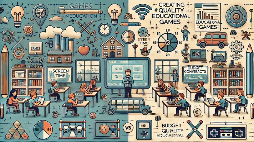 Divisão ilustrativa destacando uma sala de aula com tecnologia limitada e preocupações como tempo
