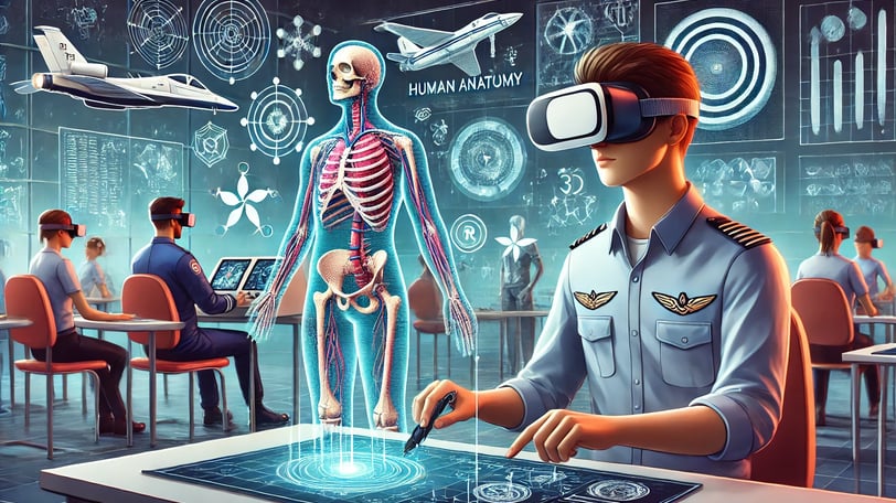 Estudante explorando anatomia em 3D com RV e um piloto treinando em um simulador de voo