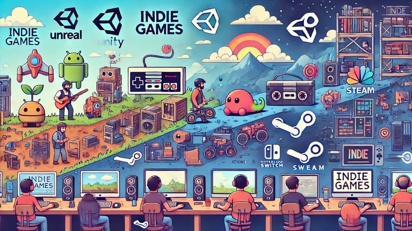 evolution of indie games, transitioning from retro 8-bit graphics to vibrant modern 