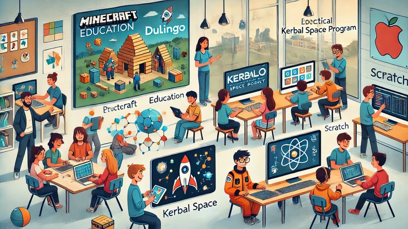 Estudantes engajados em atividades educacionais usando Minecraft Education , Duolingo.