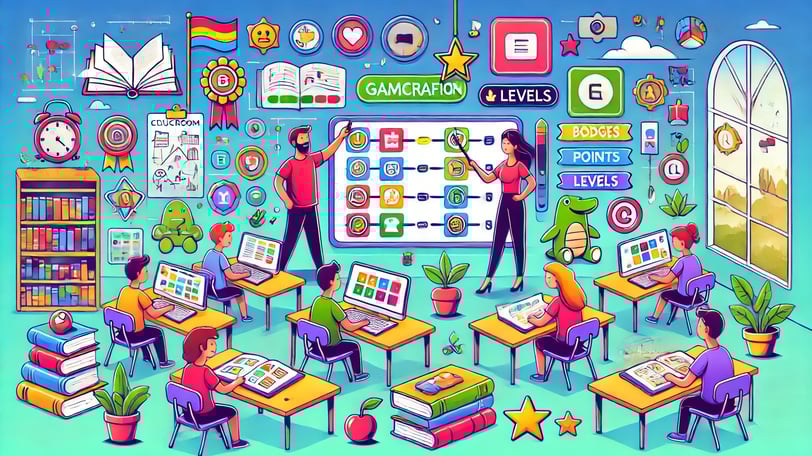 Sala de aula gamificada com alunos ganhando recompensas digitais, como emblemas e pontos