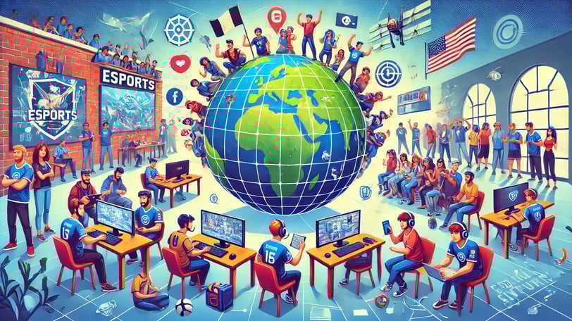 Cena mostrando jogadores e fãs de eSports conectados ao redor do mundo, com destaque para interações