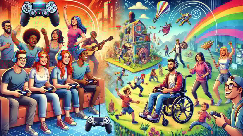 à esquerda, jogadores diversos interagindo com consoles, incluindo pessoas de diferentes etnias