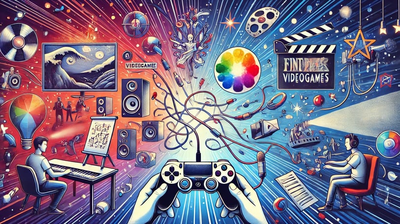 console de videogame no centro conectado por luzes a uma pintura, um palco de concerto e um filme