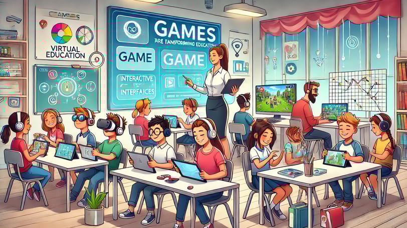 Estudantes em uma sala de aula moderna aprendendo com jogos interativos em tablets e dispositivos.