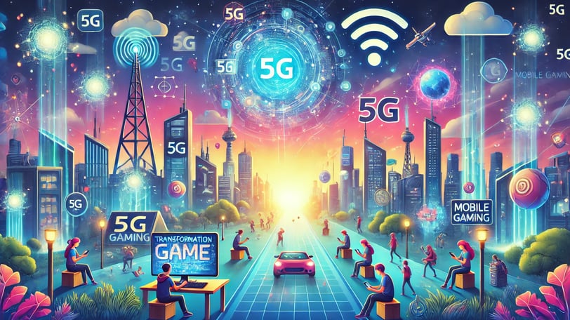 cidade com jogadores em smartphones, hologramas e torres 5G simbolizando o impacto do mobile gaming.