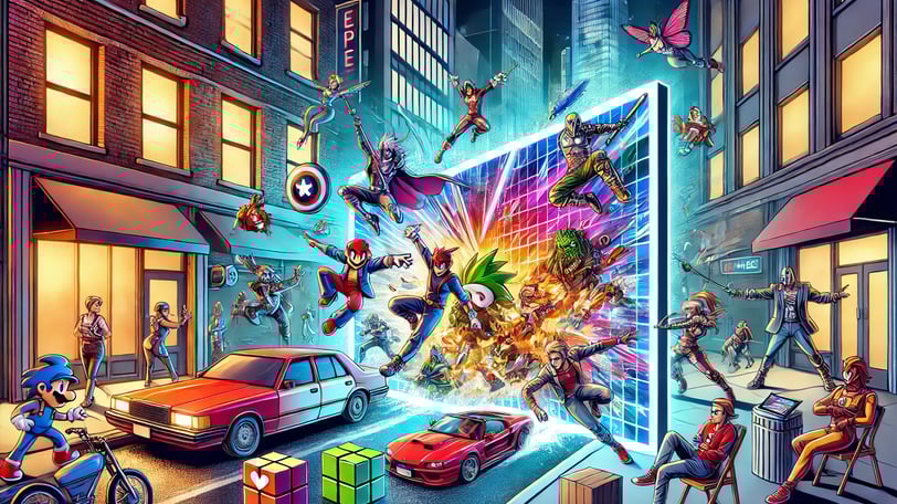 Uma ilustração vibrante de personagens inspirados em videogames saindo de telas para ambientes reais