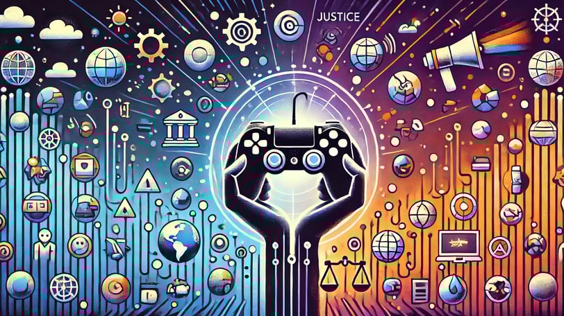 Representação dos jogos como ferramentas de protesto, com ícones de justiça, clima e ativismo