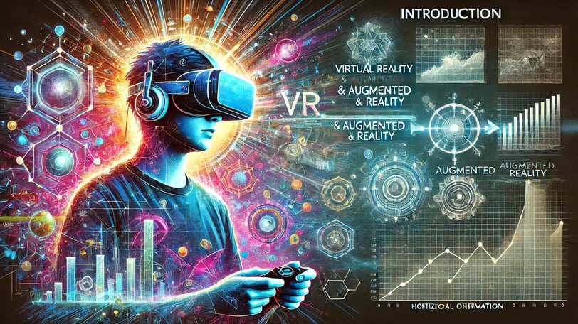 Jogador com óculos VR em um ambiente holográfico de AR, com gráficos e linhas do tempo flutuantes