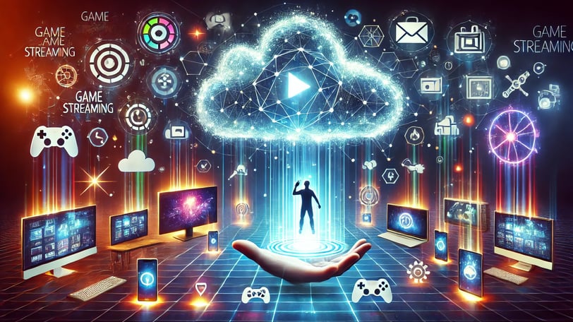 nuvem brilhante transmitindo ícones de jogos para dispositivos com um jogador usando controles holog