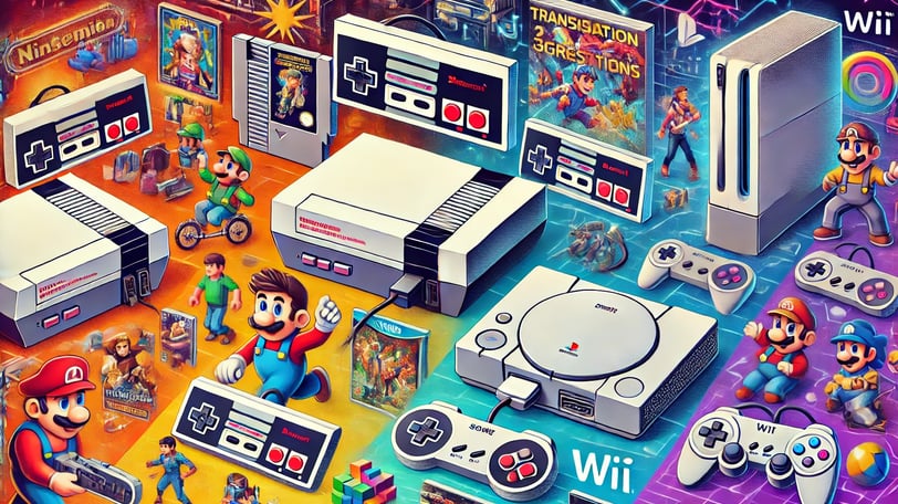 Consoles icônicos NES, PS1 e Wii, destacando suas inovações com jogos 8-bit, gráficos 3D e controles
