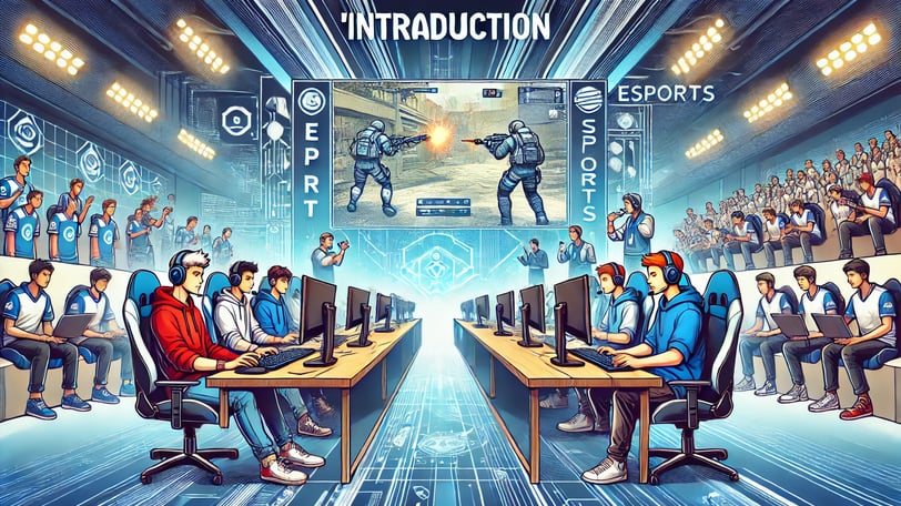 Uma cena vibrante de jogadores competindo em uma arena de eSports com telas exibindo visuais de game