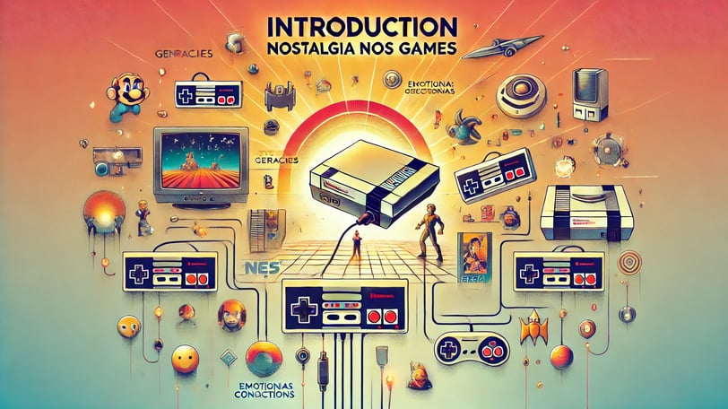 consoles clássicos como NES e Sega Genesis ao lado de elementos modernos de jogos, com personagens