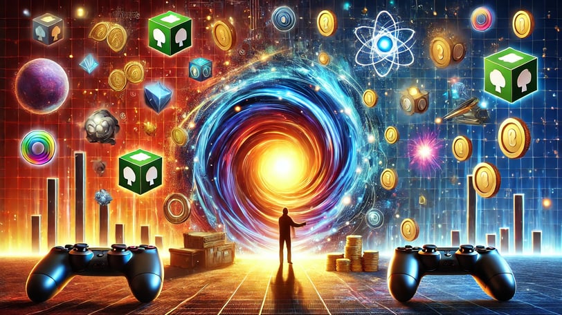 portal brilhante cercado por ícones de games e um jogador em destaque, representando a introdução