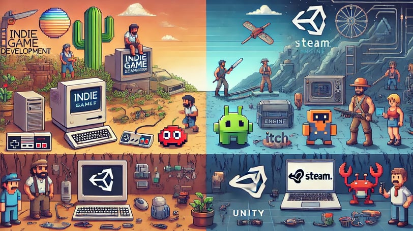 desafios iniciais dos jogos indie, desde computadores antigos até ferramentas modernas