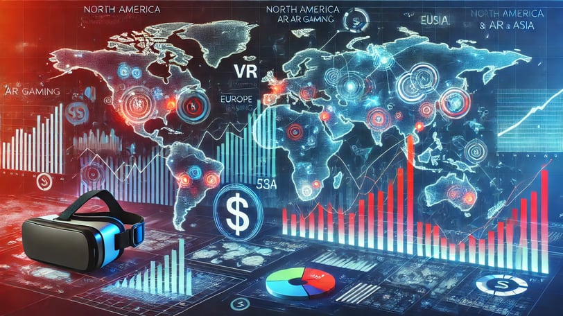 Mapa mundial com hologramas destacando mercados de RV e RA em regiões como América do Norte, Europa 