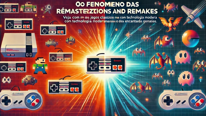 jogos clássicos em pixels evoluindo para versões modernas remasterizadas, com controles e um brilho 