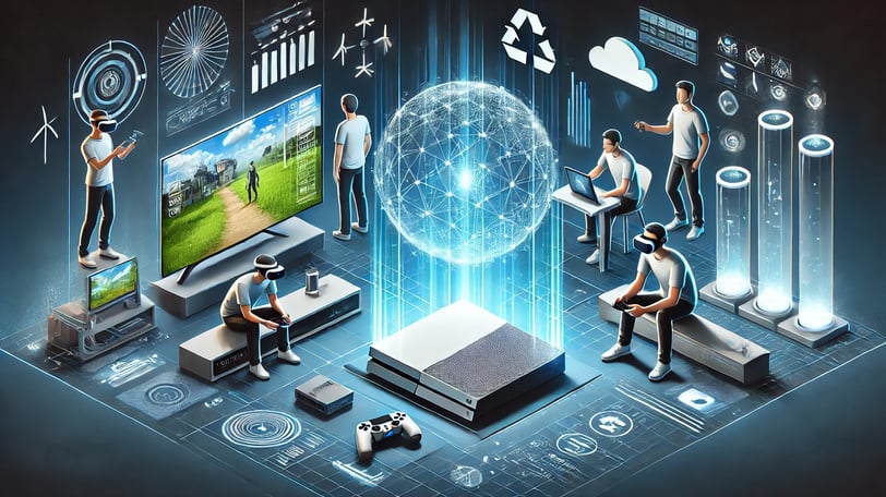 Consoles futuristas com hologramas, VR leve, e recursos sustentáveis, destacando tendências.