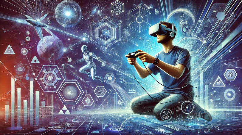 Representação de um jogador usando VR em um ambiente futurista com elementos de IA