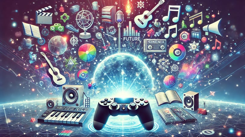 console futurista cercado por hologramas de música, cinema e literatura, em um ambiente de tons