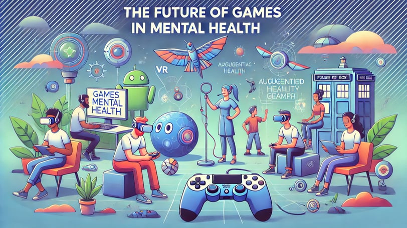 Cenário futurista com pessoas usando tecnologias como realidade virtual e aumentada em terapias