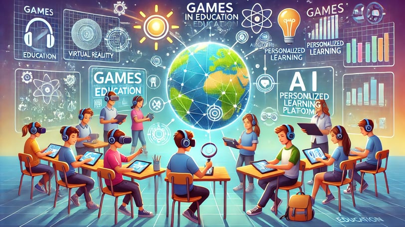 Cenário futurístico com estudantes utilizando VR, AR e IA para aprendizado personalizado.
