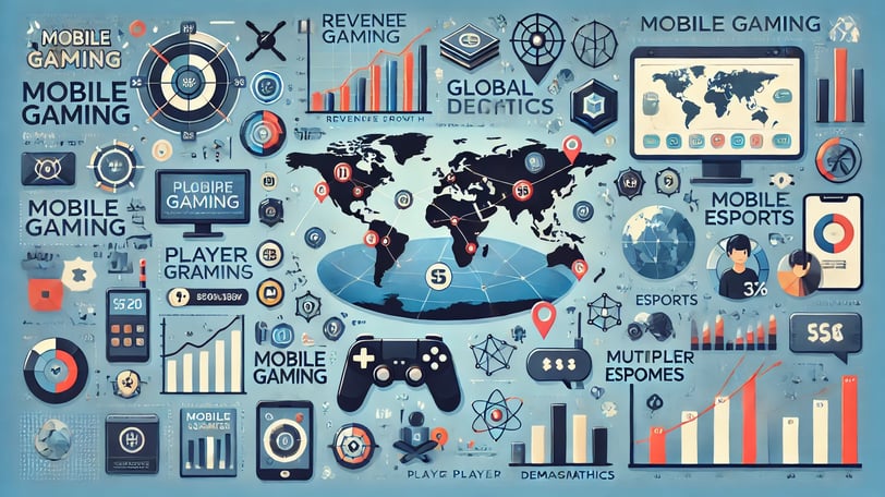 impacto do mobile gaming no mercado, com mapas, gráficos de receita e tendências de microtransações 