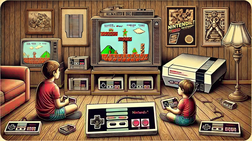 Cena nostálgica de uma sala dos anos 1980 com um Nintendo Entertainment System e uma criança jogando
