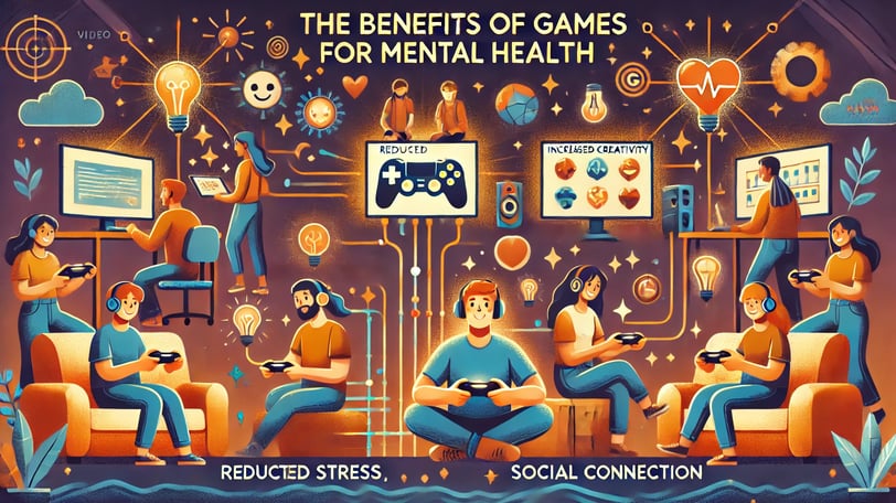 Pessoas diversas jogando videogames em um ambiente confortável, cercadas por ícones
