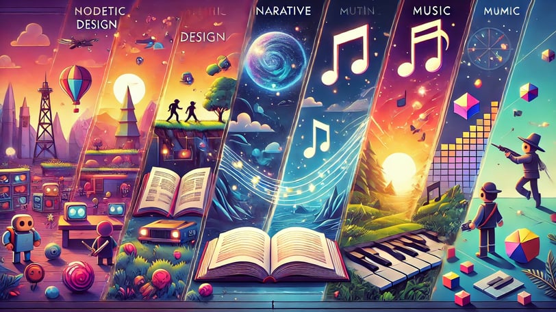 quatro partes que representam design visual, narrativa, música e gameplay, conectadas
