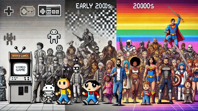 À esquerda, uma tela de arcade com personagens pixelados e estereotipados. 