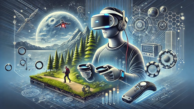 Pessoa com headset VR em um ambiente virtual 3D com elementos de florestas, montanhas e dispositivos