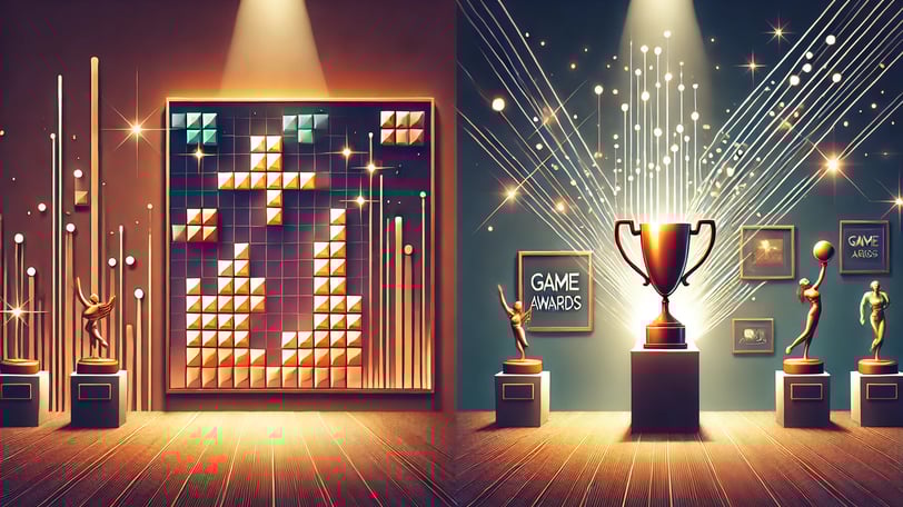 galeria de jogos digitais à esquerda e uma vitrine de prêmios à direita, conectadas por luzes