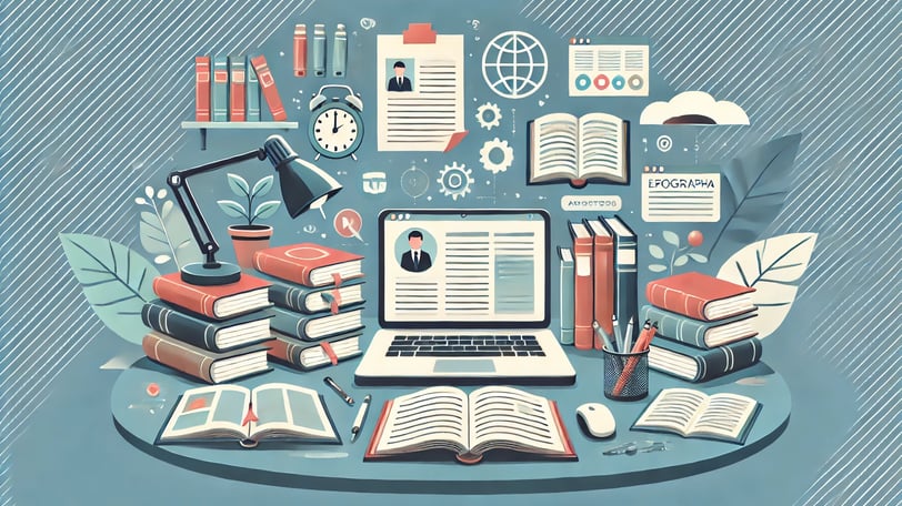 Representação de uma mesa com livros, laptop e ícones de conhecimento, ideal para uma seção de refer