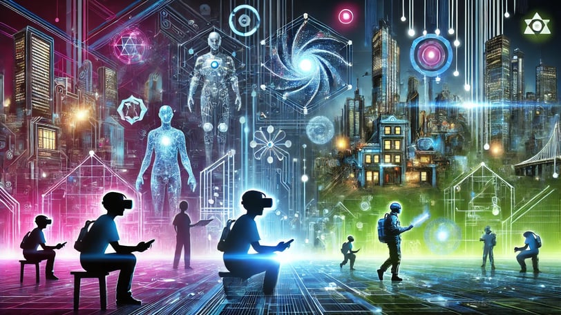 a group of people standing around a city