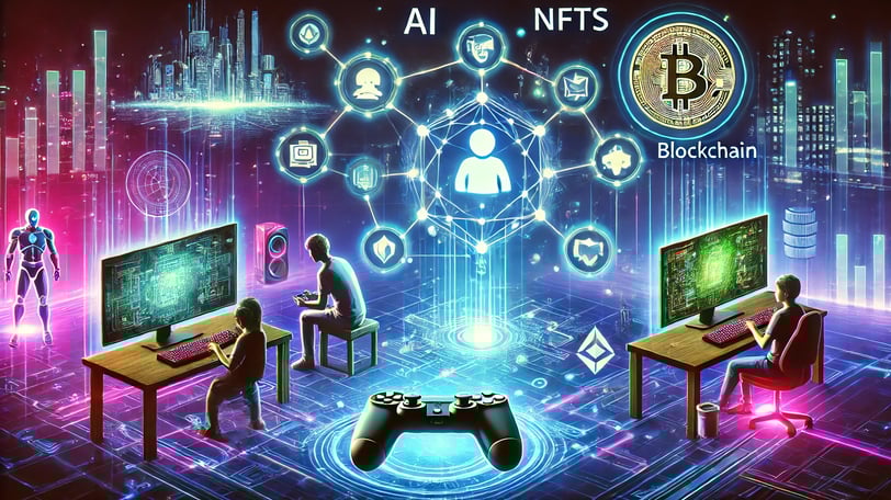 hologramas de IA, NFTs e blockchain conectados a um console, simbolizando tendências futuras 