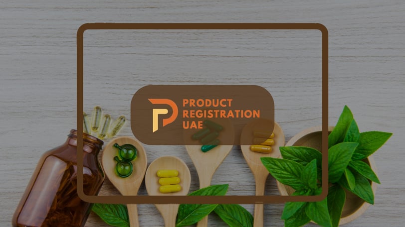 Product Registration UAE Logo Overlay over Supplements in background for Top 10 Mistakes blog