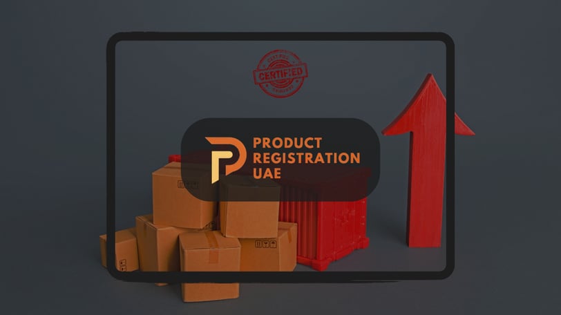 Cardboard boxes and red export arrow with a certified stamp, overlaid by Product Registration UAE logo.