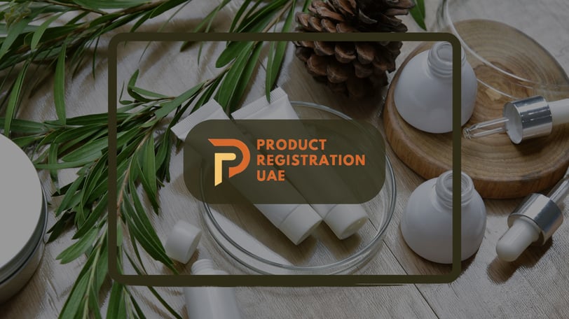 Cosmetic tubes, droppers, and jars on a wooden surface with natural elements, overlaid with Product Registration UAE branding