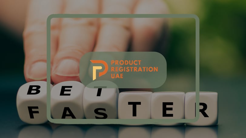 Hand flipping dice to spell “Be Faster” with Product Registration UAE logo overlay, symbolizing speed in compliance strategy.