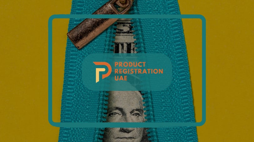 Zipped money background with Product Registration UAE logo, symbolizing hidden costs of product rejection.
