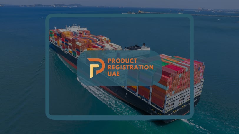 Cargo ship carrying containers at sea with Product Registration UAE logo overlay.
