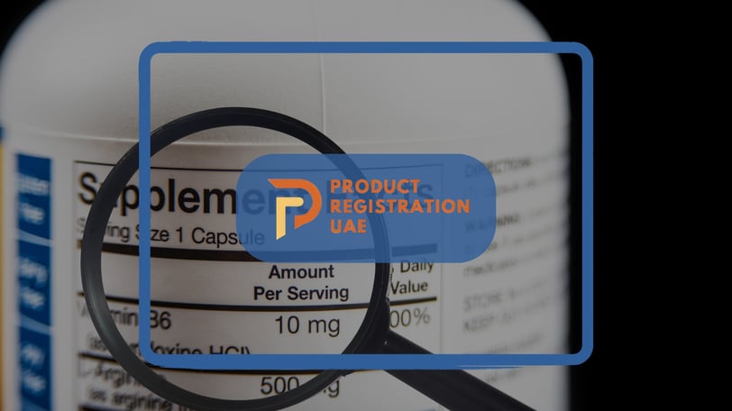Magnifying glass inspecting supplement label with Product Registration UAE logo overlay, highlighting compliance review.