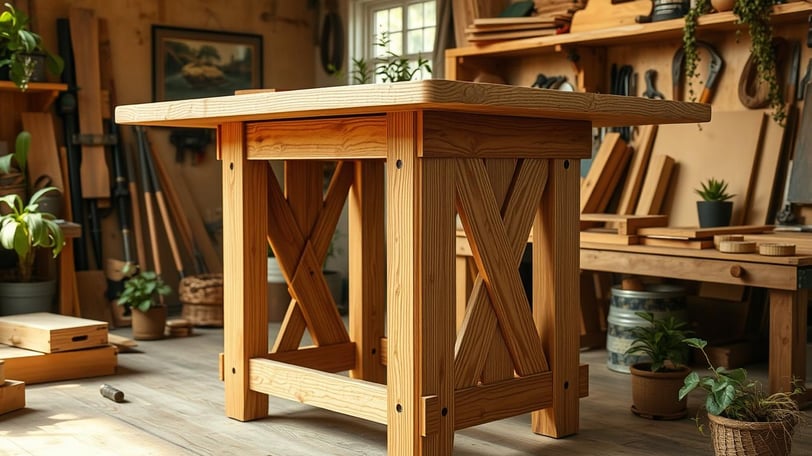 A beautifully crafted wooden folding table with intricate joinery, seamlessly integrated with a handcart feature.