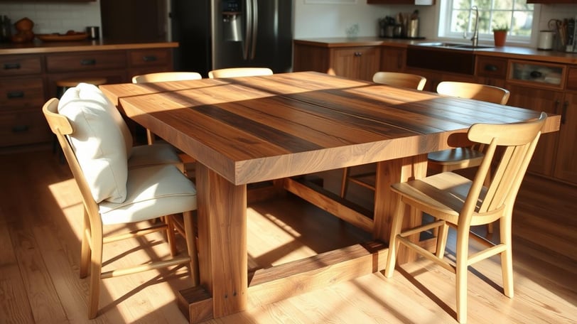 A rustic farmhouse table made of reclaimed wood, featuring a sturdy design with a smooth finish, surrounded by comfortable.