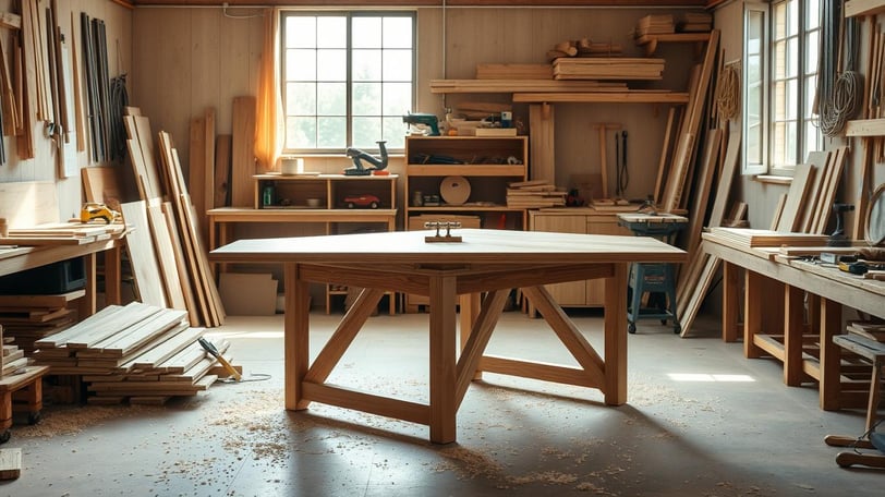 A spacious workshop filled with wood tools, a partially assembled folding wooden table in the center.
