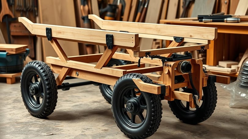 Handcart base structure, featuring a sturdy wooden frame with reinforced joints, large durable wheels, and a compact design.
