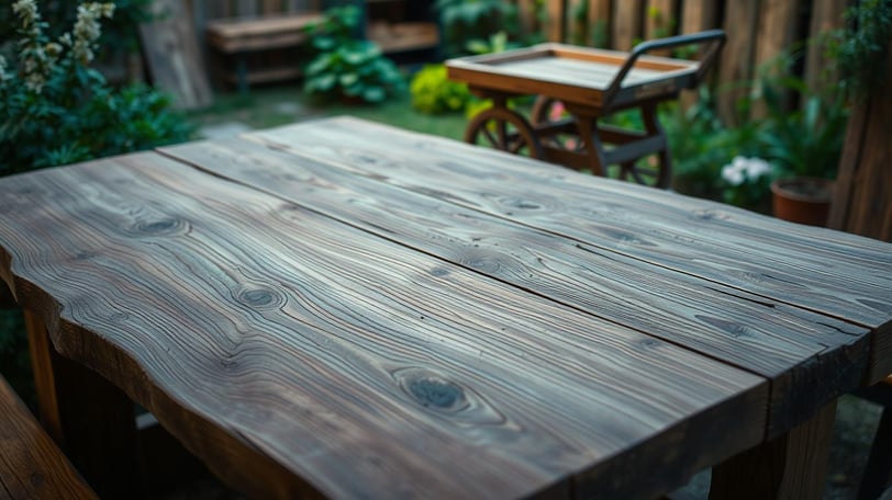 Rustic wooden table with a natural finish, showcasing intricate grain patterns, surrounded by greenery, soft lighting.