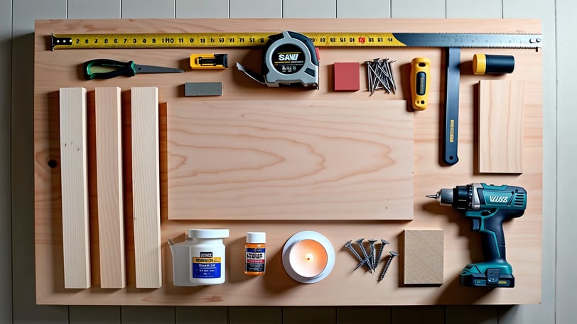 A flat lay of woodworking materials and tools neatly arranged on a clean wooden surface.