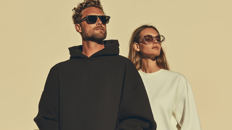 a man and woman standing together wearing hoodies and sunglasses calm mood